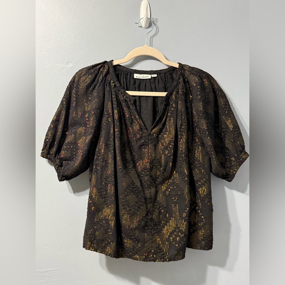 Roller Rabbit Black Gold Metallic Blouse Womens Top XS Holiday Boho Cotton - Picture 4 of 10